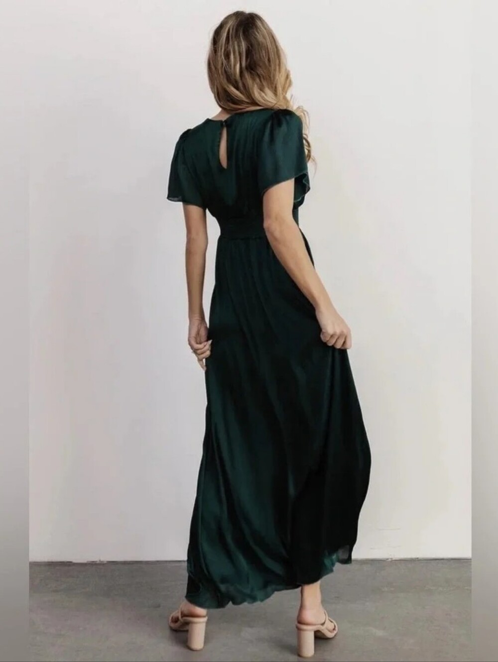 Baltic Born Prague Satin Smocked Empire Waist Maxi Dress Dark Green M - Picture 7 of 13